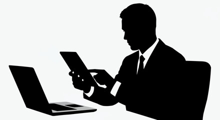 Silhouette of a businessman working with a tablet and laptop.