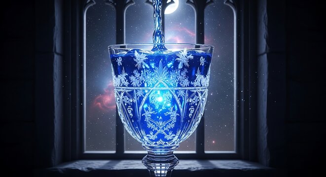 Captivating crystal goblet overflows with luminous blue liquid against a cosmic night sky backdrop, evoking magic and wonder.
