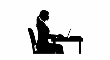 Silhouette of a woman working at a desk with a laptop.