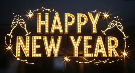 Bright Lighted Happy New Year Sign with Champagne Glasses and Sparkles