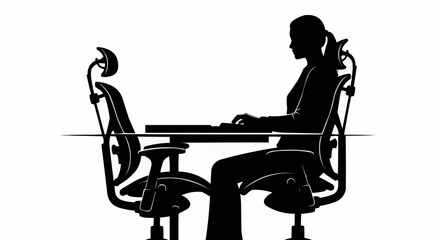 Silhouette of a woman working at a desk with a computer.