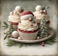 Festive Christmas cupcakes with red velvet base, white frosting, Santa hat topper, and decorative trees on a rustic holiday plate
