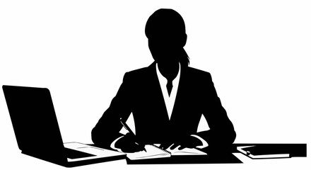 Silhouette of a businesswoman working at her desk with a laptop and notebook.