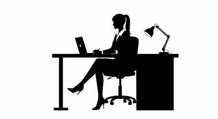 Silhouette of a businesswoman working at her desk with a laptop.