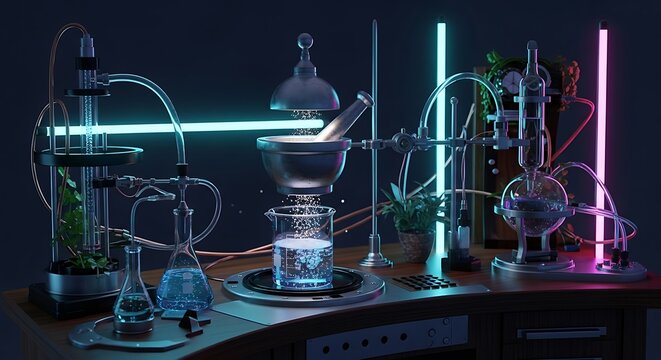 Dynamic scientific laboratory setup with glowing neon lights and intricate chemical apparatus creating vibrant experimental atmosphere