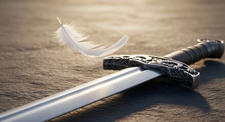 A close-up of a sword with an ornate hilt lying on a textured surface with a delicate feather floating nearby, emphasizing craftsmanship and elegance
