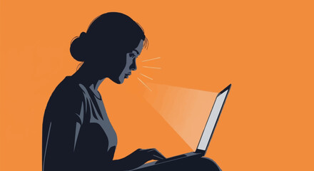 Silhouette of a woman intensely focused on her laptop screen.