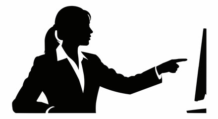 Silhouette of a businesswoman pointing at a computer screen with determination.