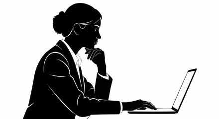 Silhouette of a focused businesswoman working on her laptop.