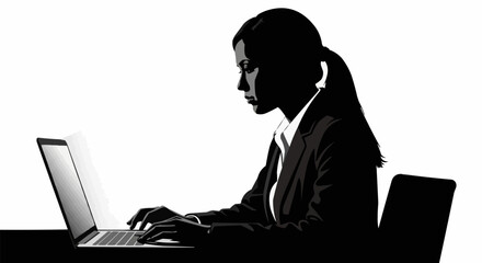 Silhouette of a woman in a suit working on a laptop.