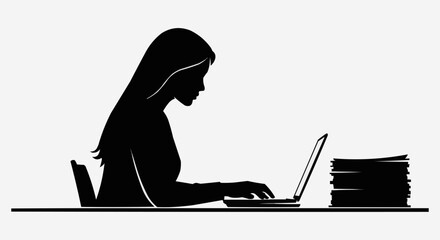 Silhouette of a woman working on a laptop with papers.