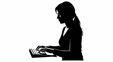 Silhouette of a woman typing on a keyboard in a focused pose.