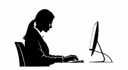 Silhouette of a woman working on a computer in an office setting.