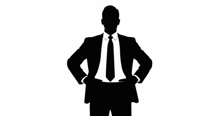 Silhouette of a businessman standing with hands on his hips.