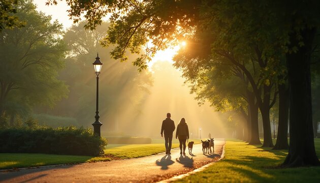 Couple walk dogs on park path. Man and woman enjoy morning sunbeams with pets. Green trees line paved walkway. Outdoor leisure and lifestyle.
