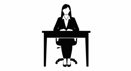 Professional Woman Sitting at Desk Silhouette Illustration.