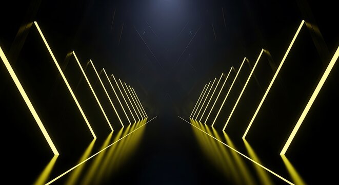 Abstract glowing yellow neon lines illuminate a dark futuristic digital tunnel with reflective surfaces