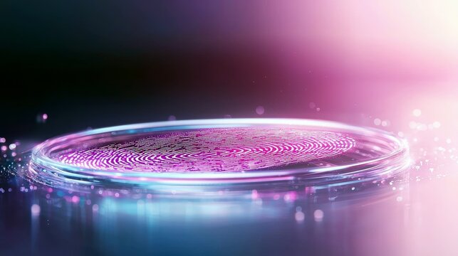 A detailed fingerprint illuminated with pink light sits on a transparent circular platform, surrounded by glowing bokeh particles.