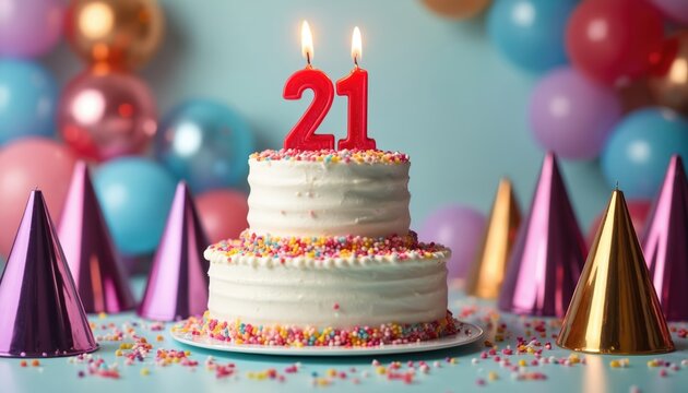 White two-tier birthday cake with red 21 candles. Decorated with colorful sprinkles, party hats and balloons. Festive atmosphere for a milestone celebration.