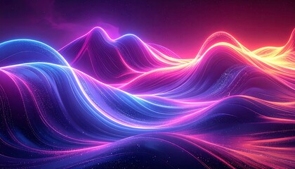 Abstract landscape with glowing neon lines depicting waves and hills. Vivid colors of purple, pink, and orange create a futuristic scene