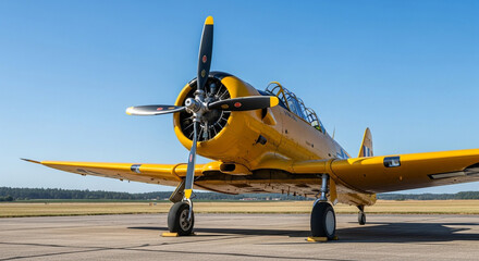 Fototapeta premium A bright yellow vintage north american t6 texan aircraft parked on an airfield tarmac under a clear blue sky