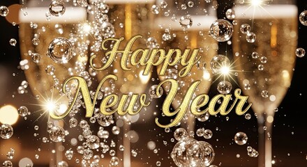 Happy New Year Celebration Toast with Champagne Bubbles