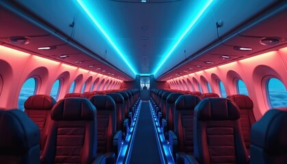 Empty airplane cabin with rows of dark leather seats. Colored lights illuminate interior from above. Windows show clouds outside. Futuristic travel atmosphere.