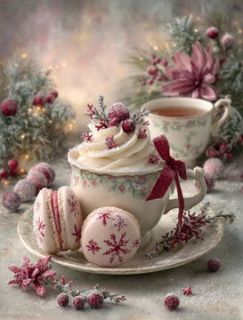 Romantic Christmas tea setting with pink macarons, roses, frosted berries, and vintage teacup in a soft pastel winter atmosphere
