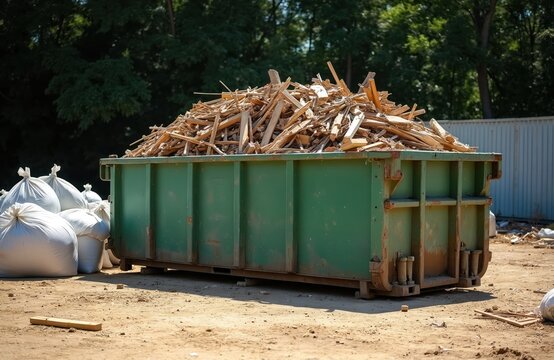 Large green open top roll off dumpster full of wood debris. Construction, renovation waste piled high. White bags of rubbish sit on dirt ground. Site cleanup, eco recycling work happens at industrial