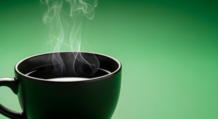 A close-up of a steaming hot beverage in a black cup against a vibrant green background, highlighting warmth and comfort