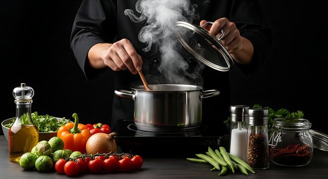 Watch a chef create a delicious culinary masterpiece with vibrant vegetables and aromatic spices, perfect for cooking inspiration and healthy eating campaigns