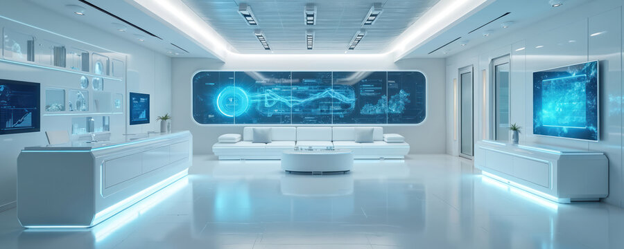 Futuristic white office with large holographic screens displaying data. Sleek design includes minimalist furniture, glowing blue lights, and modern tech equipment for innovation and research.