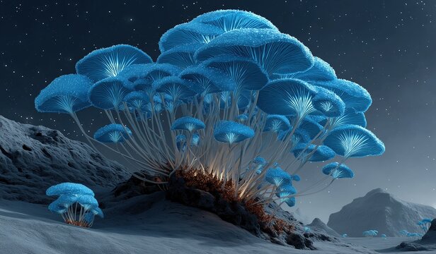 A vast cluster of glowing blue mushrooms growing on the side of an alien planet with a night sky in the background creating a fantasy landscape.