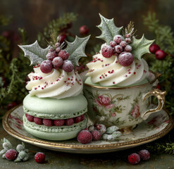 Festive Christmas dessert with mint macaron, whipped cream, sugared berries, and holly leaves served in a floral teacup on a vintage plate

