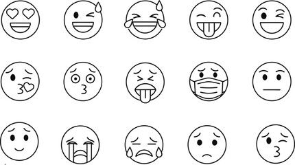 Collection of hand drawn doodle emoji faces expressing various emotions and feelings