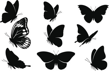 Collection of silhouetted butterflies in various poses and wing shapes on a white background
