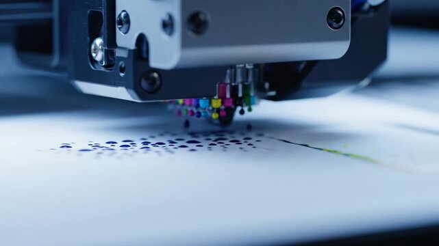 Close up of High Tech 3D Printer Nozzle Creating Detailed Design with CMYK Ink Droplets