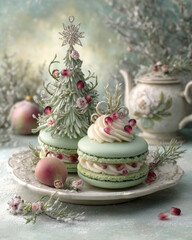 Festive mint green Christmas dessert display with macarons, whipped cream, pomegranate seeds, and a decorative tree on a vintage plate
