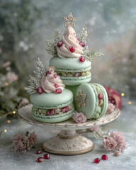 Whimsical Christmas macarons with pink whipped topping, pomegranate seeds, and frosted greenery on a vintage cake stand in a snowy setting
