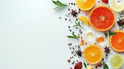 A flat lay composition featuring sliced citrus fruits like oranges, grapefruit, and lime, alongside star anise, peppercorns, and fresh herbs.