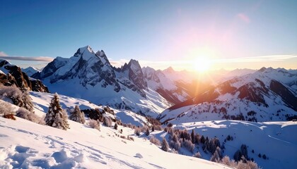 A breathtaking panoramic view of snow-capped mountains under a clear blue sky with the sun rising, casting warm light and long shadows across the snowy landscap