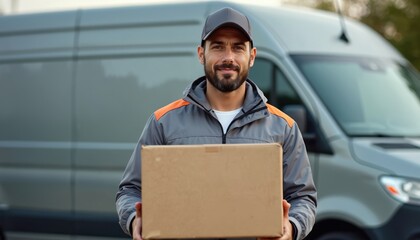 Bearded man in grey cap and jacket holds brown box. Delivery driver with van behind him smiles. Person works outdoors during daytime, delivers parcel. He has serious face.
