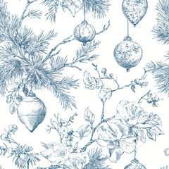 Vector Blue Toile Christmas Seamless Pattern 22 with Evergreen Branches and Hanging Baubles
