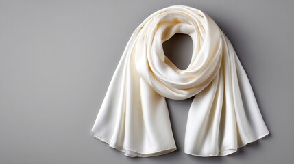 A soft, elegant white scarf elegantly draped on a smooth gray surface, ideal for fashion and textile imagery.