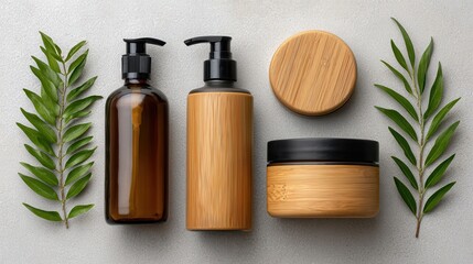A collection of natural cosmetic products in bamboo packaging, surrounded by green leaves. Ideal for eco-friendly beauty and skincare themes.