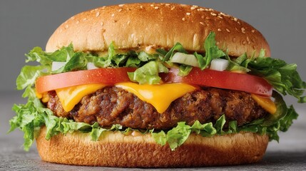 A mouth-watering cheeseburger featuring a crispy patty, fresh lettuce, tomato, and cheese, served in a sesame seed bun, perfect for fast food lovers.