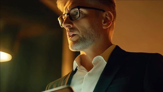 Male with glasses in suit, speaking or reading, dark ambiance, intellectual expression.