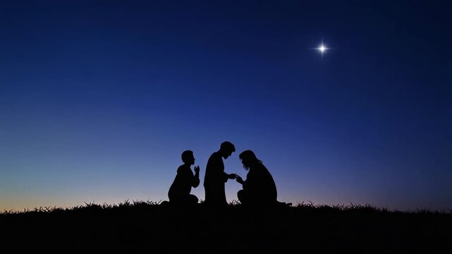 Silhouette of three wise men kneeling under a star at night, symbolizing the Epiphany.