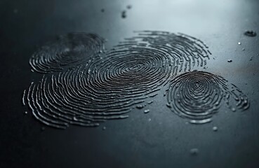 Macro view of dark textured surface with oily fingerprints and water droplets. Abstract background shows smudges and residue on a smooth, possibly plastic material.