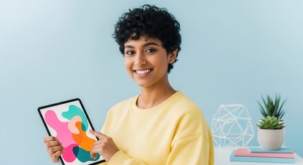 A cheerful woman displays a colorful digital artwork on a tablet in a bright studio setting, showcasing creativity and modern technology.